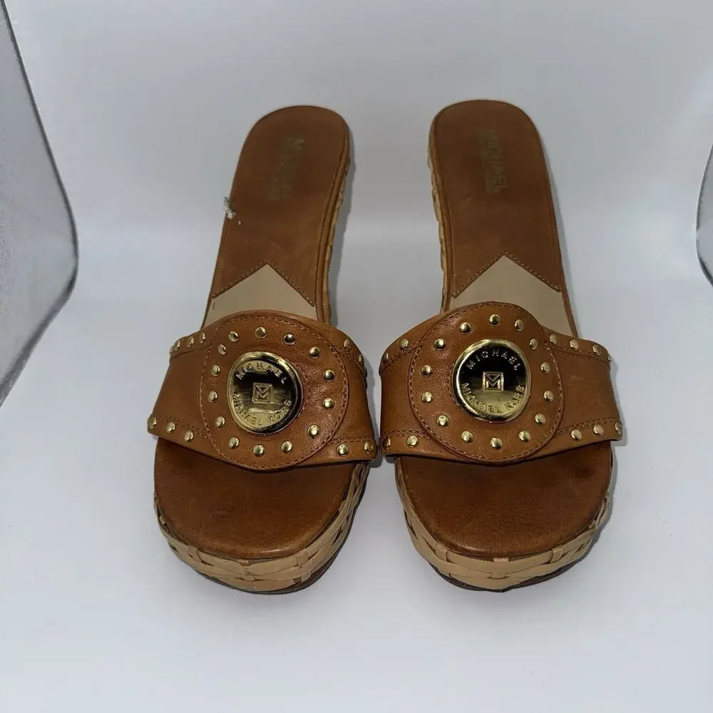 Michael Kors Santorini Wedge Slide Sandals Brown Leather Women’s 8.5